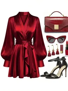Elegant V-Neck Long Sleeve A-Line Dress, Womenswear Wine Tie-Waist Party Gown, Fashionable and Versatile for Valentine's Day and New Year Gifts
