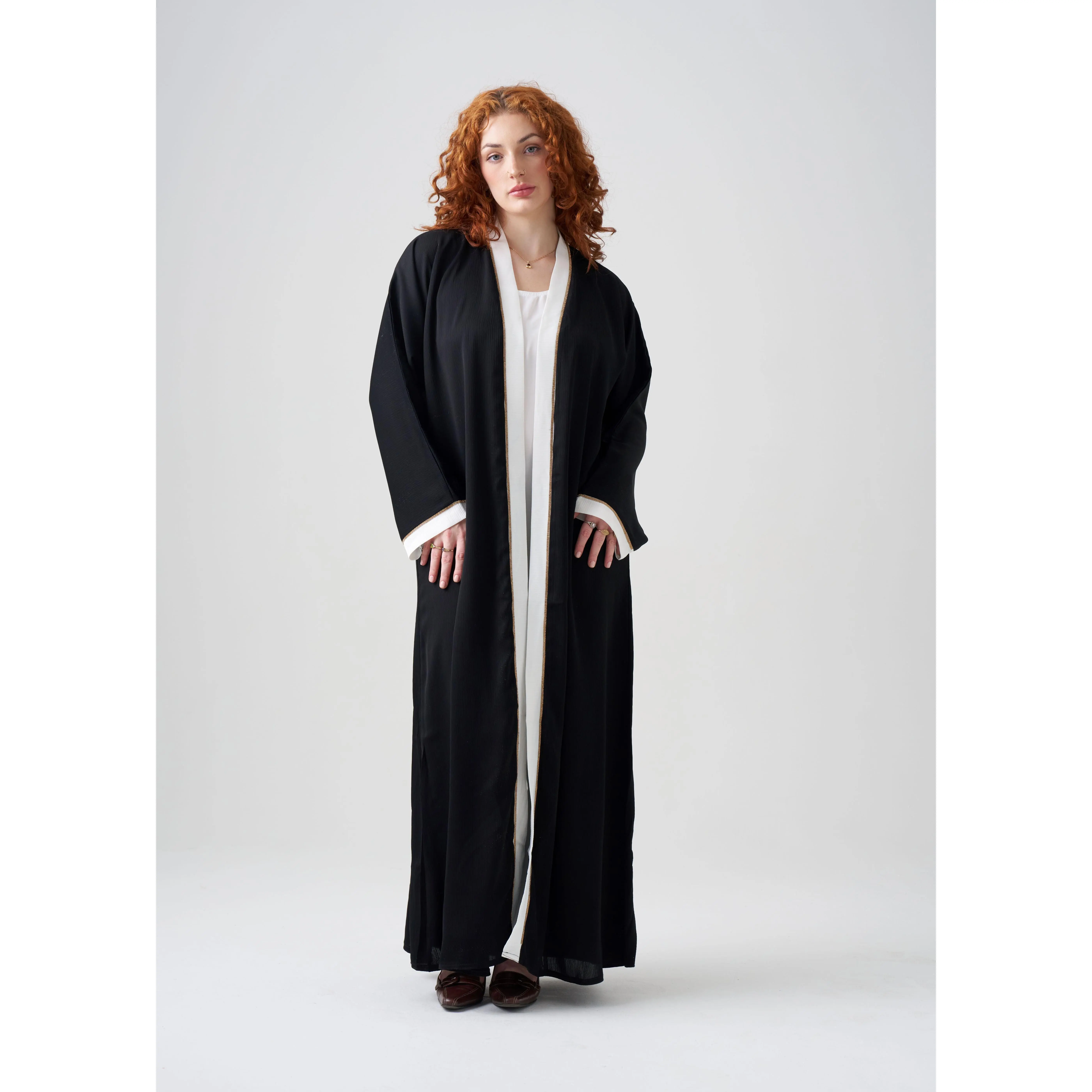 Gown-Style Black and White Abaya | Black Gown with White Border | White Under Abaya | 2-piece | Hijab Included