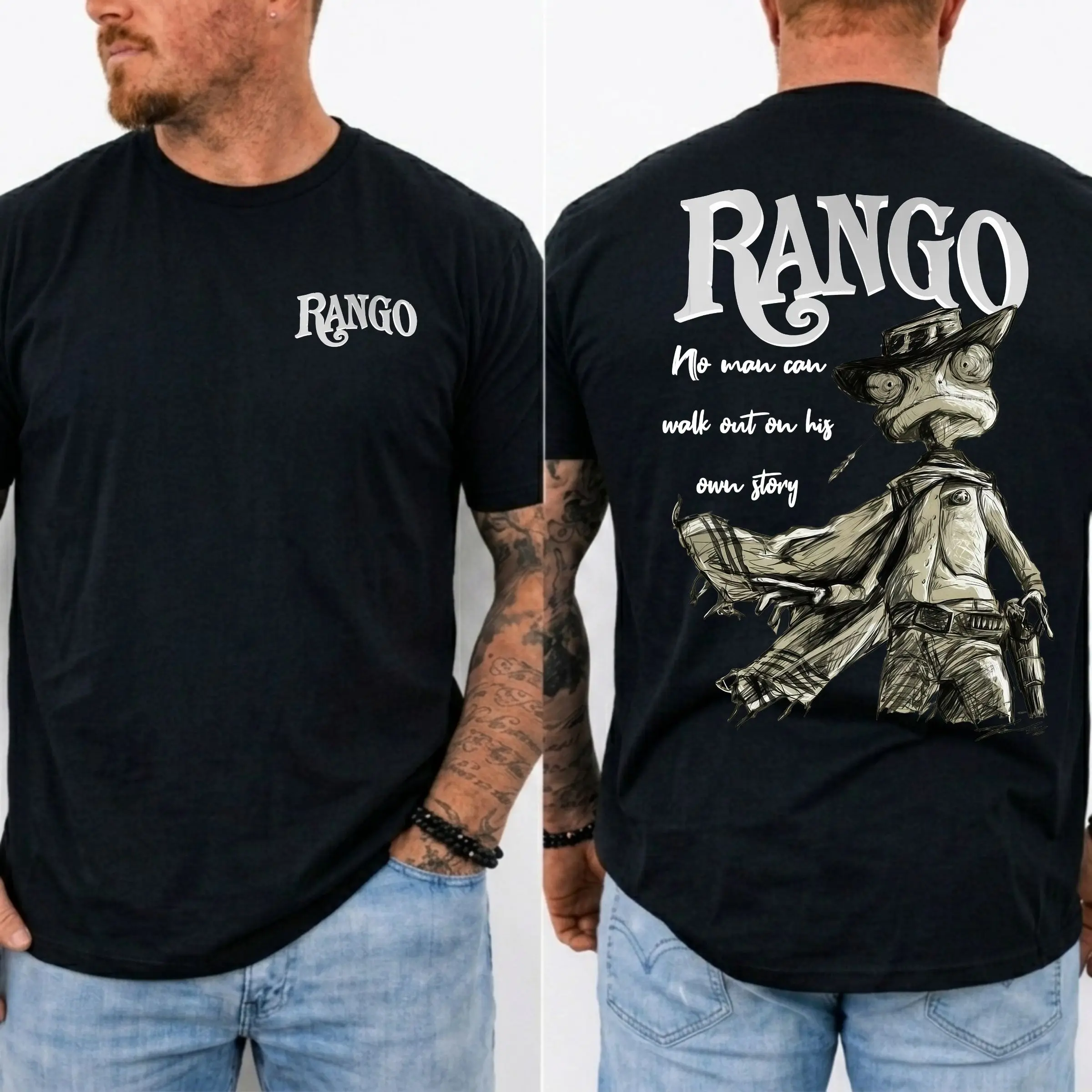 Women's Rango Inspired Cowboy Graphic T-Shirt - Relaxed Fit, Short-Sleeve, Casual Cotton Clothes, Vintage Western Adventure Fabric, Unisex Cartoon Lover Tee, Shortsleeve, Round Neck