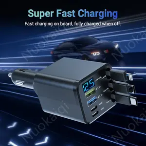 7-in-1 Car Charger with Retractable Cables, 30W Super Fast Charging, 2PD+2USB+2 Built-in USB-C Cables+1 Built-in Lighting Cables, LED Voltage Display, 180° Adjustable, Compatible with iPhone 17pro/16/15/14/13/Samsung/iPad 12V/24V Vehicles