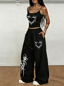 Black Tribal Heart Spikes Print Crop 2-Piece Set - 2026 Trending Y2K Goth Outfit, Soft Stretch Fabric Perfect for Festivals & Streetwear