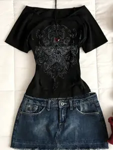 Fashion and casual Y2K Fitted women's pentagram printed round neck short sleeved top