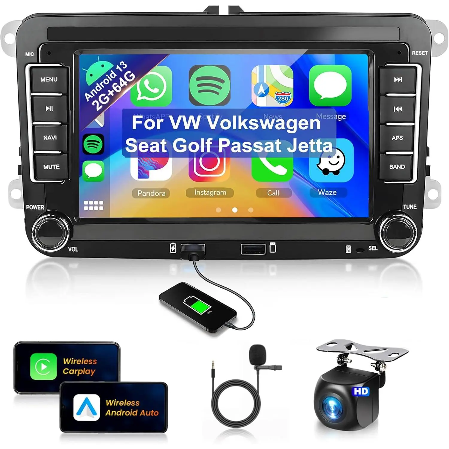 Rimoody 7-in Double Din Android Car Media Player for VW, Car Display Screen, GPS, WiFi, Bluetooth 4.2, CarPlay Compatible, Wireless Android Auto, 2 USB Slots, FM Radio, Backup Camera (Fits Seat Golf Passat Jetta Beetle Tiguan Touran EOS)