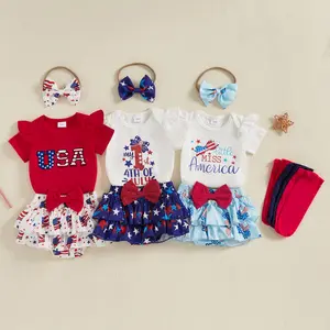 Imcute Infant Baby Girl 4th of July Outfits Letter Romper+Tutu Bloomer Shorts+Stocking+Headband Infant Newborn First 4th of July Clothes Set