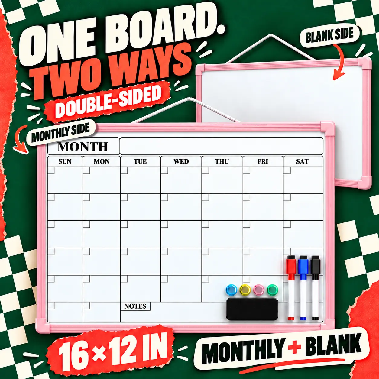 MaxGear 16x12 In Double-Sided Dry Erase Monthly Calendar Whiteboard, Reusable Dry Erase Calendar Planner with Blank Note Side, Unique Wall Calendar   board   for home office school