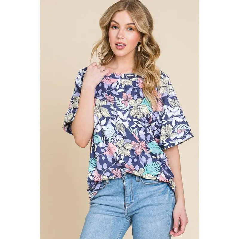 Women's Basic Loosey Goosey Floral Print 1-Piece T-Shirt - Casual Round Neck Short Sleeve Wardrobe Staples Top Made of Stretchy Polyester Elastane, Colorful Style, Polyester Blend, Oversized Cut, Casual Wear, Short Sleeves, Slight Stretch, Loose-Fitting