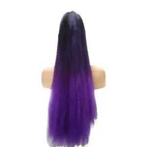 Black Women's Long Kinky Straight Drawstring Ponytail 26 Inch Yaki Curly Hair with Ombre Black & Neon Purple - Soft and Easy to Install, 110g+5g Pack
