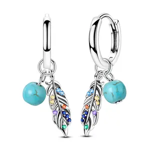 MULA 925 Silver-plated Turquoise Feather Earrings – Colorful Cubic Zirconia Boho Huggie Hoops, December Birthstone Western Jewelry Gifts for Women, Teen Girls & Mom