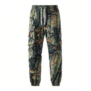 Men’s American camouflage multi-pocket cargo pants, loose fit, cuffed long pants; high-street casual streetwear camo pants for outdoor sports