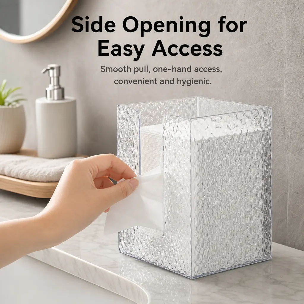 1 Count Transparent Glacier Textured Wall Mounted Tissue Box, PET Adhesive Tissue Dispenser for Bathroom and Kitchen Household Use