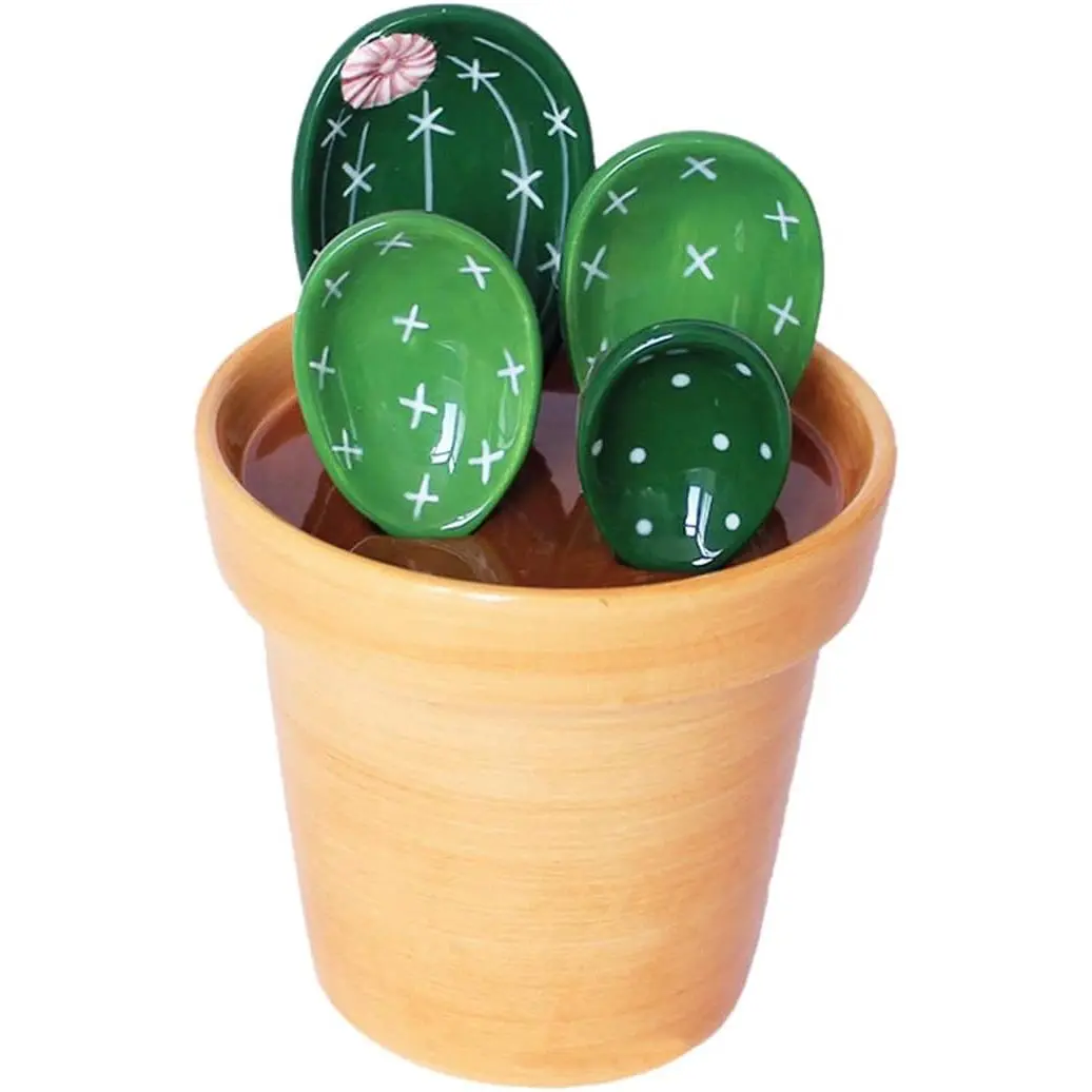 Cactus Shape Porcelain Measuring Spoons Set with Base - 4-Count Cute Cactus Kitchen Utensils, Durable 1 tbsp/20ml Easy-to-Clean Tools for Kitchen, Dining Room Measuring Needs