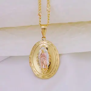 Nuestra Señora de Guadalupe Locket Gold Plated Oval Pendant with Intricate Engraving and Chain Necklace