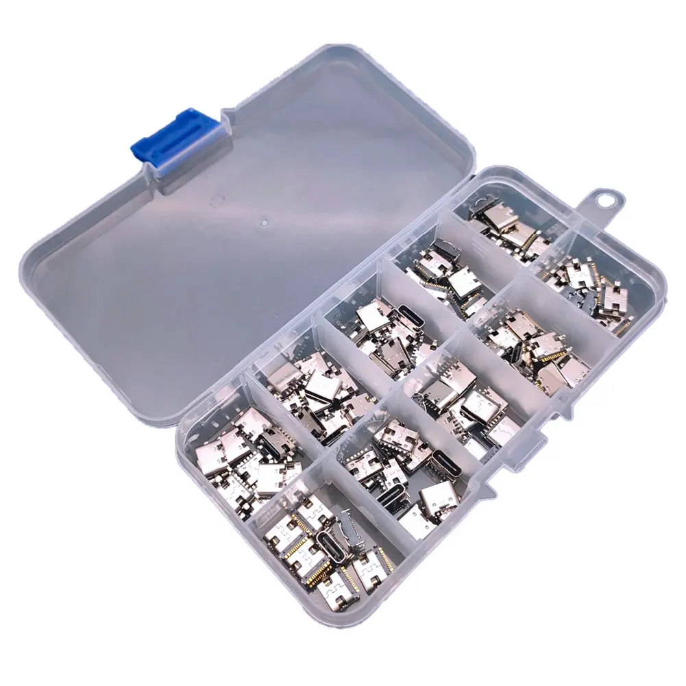 USB Type-C Connector Kit, 100-Piece Metal Assortment of 10 Models (6-16 Pin) for Mobile, Smartphone, and Electronic Charger Port Repair, 100 Pcs, 220 V