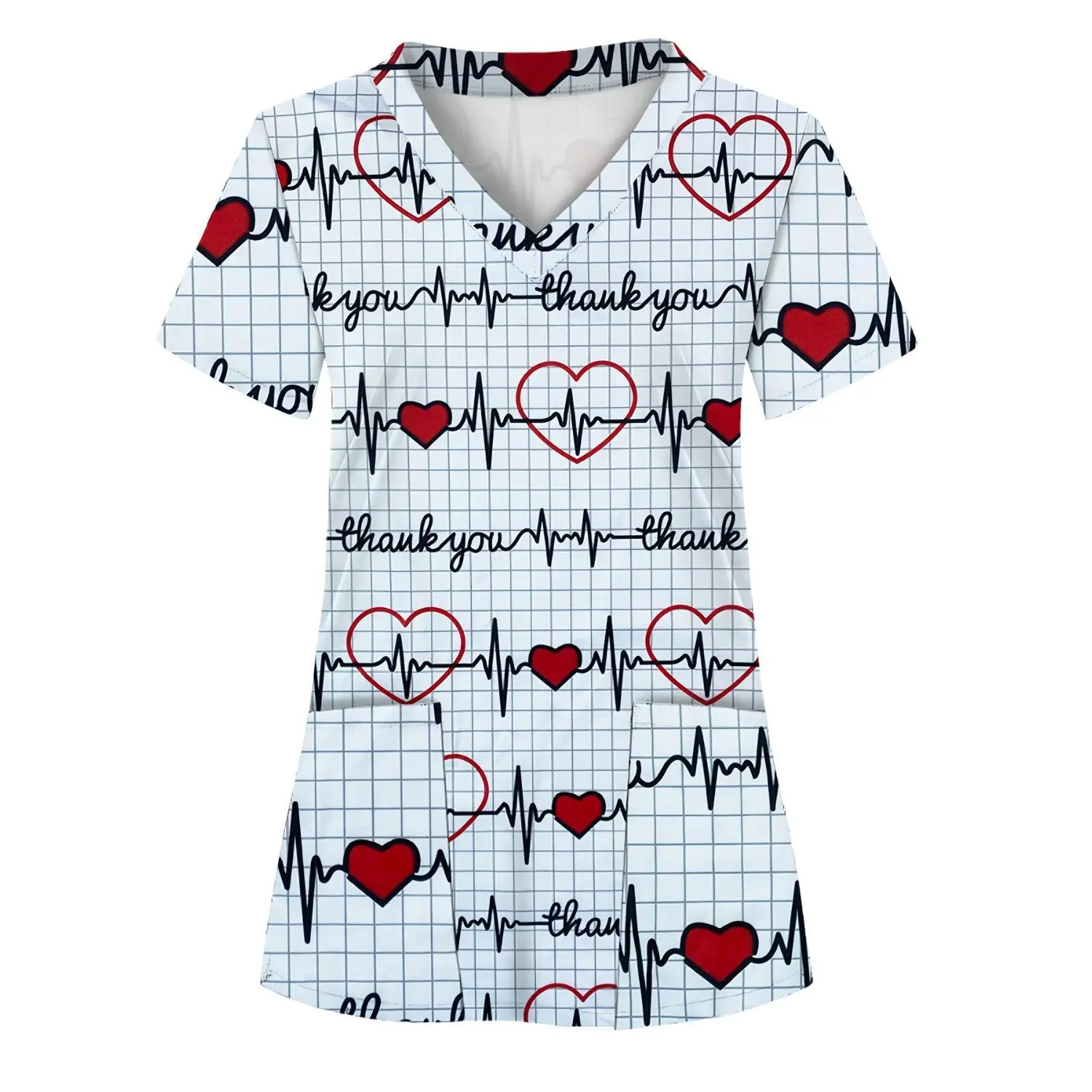 ECG Pattern Women's Scrub Top with Two Pockets - Comfortable and Breathable Workwear for Healthcare Professionals