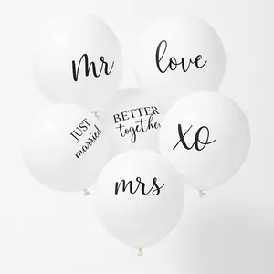 Elegant White Latex Wedding Balloons with Romantic Script, 6-Pack