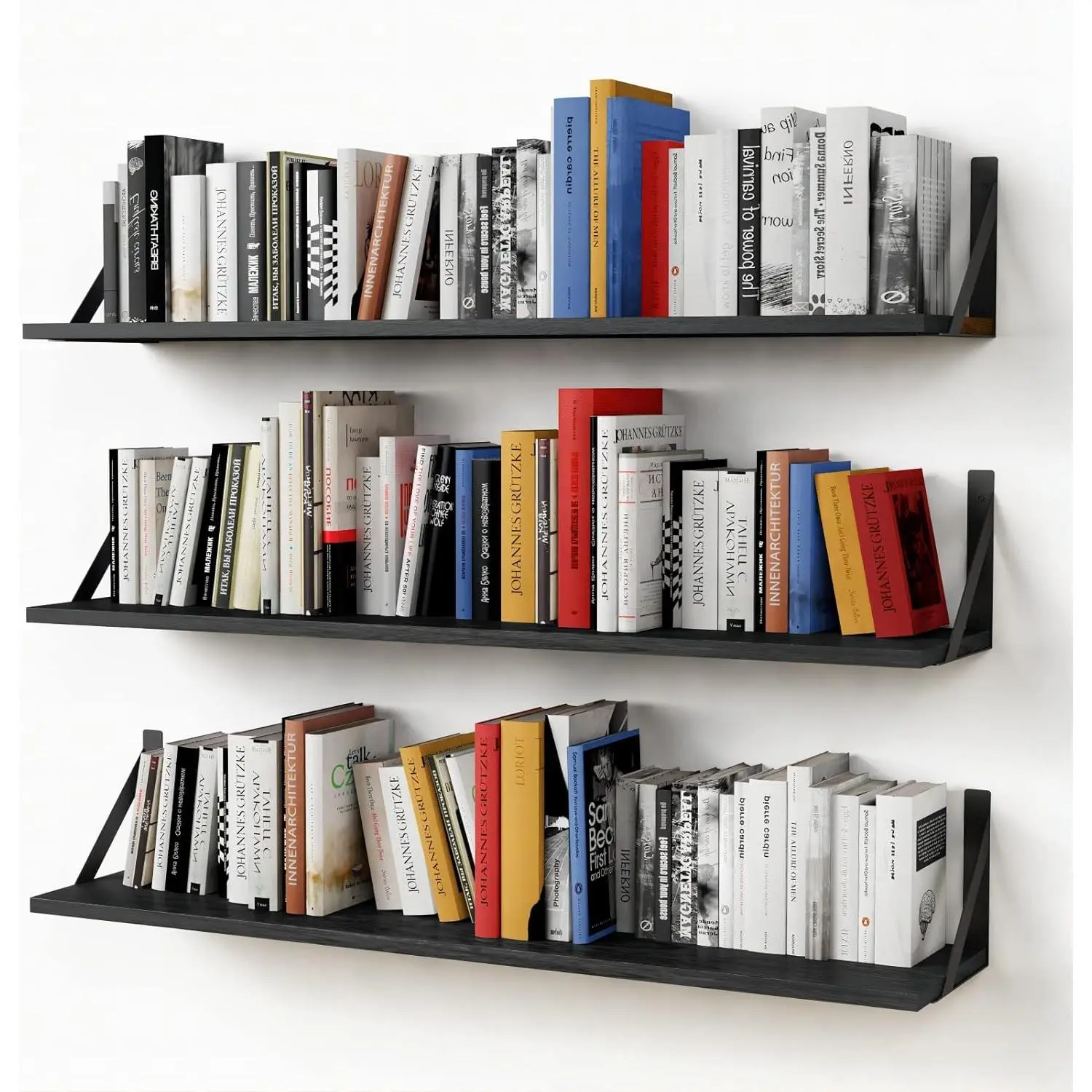 Floating Shelves 36 Inches Long 8 in Deep Set of 3, Large Wall Shelf for Bedroom Books, Heavy Duty Wide Wall Shelving for Closet Organizers and Storage, Living Room, Library (Black)