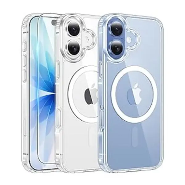 FNTcase Transparent Shockproof Protective Cover for iPhone 18/17/16/15/14/13, Square Custom-Fitted PC+TPU Crystal Shell, Magnetic MagSafe Compatible, Anti-Drop, Anti-Yellowing, Wireless Charging Ready, with Screen Protector Accessory