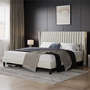 【King Size 】Costoffs Upholstered Bed Frame with Winged Sides & Channel Headboard – Fabric Bed with Wooden Slat Support, No Box Spring Needed