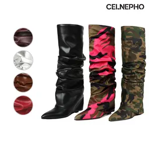 CELNEPHO Womens Slouch Boots Pointed Toe Wedge Heel Fashion Knee High Booties Easy Pull on Formal Wear Date Casual Events Valentine Gift Party Dress Shoes