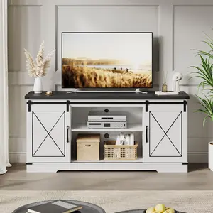 Garvee 59 inch Farmhouse Media Console with Sliding Barn Doors, Adjustable Shelves, and Cable Management - Storage Entertainment Center for Living Room and Bedroom in White, Fits up to 65 inch Screens