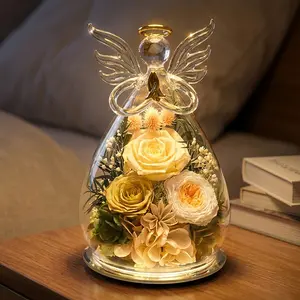 FIACO Real Preserved Colorful Roses Forever Flower in Glass Angel Figurine, Elegant Birthday Mother's Day Gifts for Mom Wife Sister Grandma Daughter