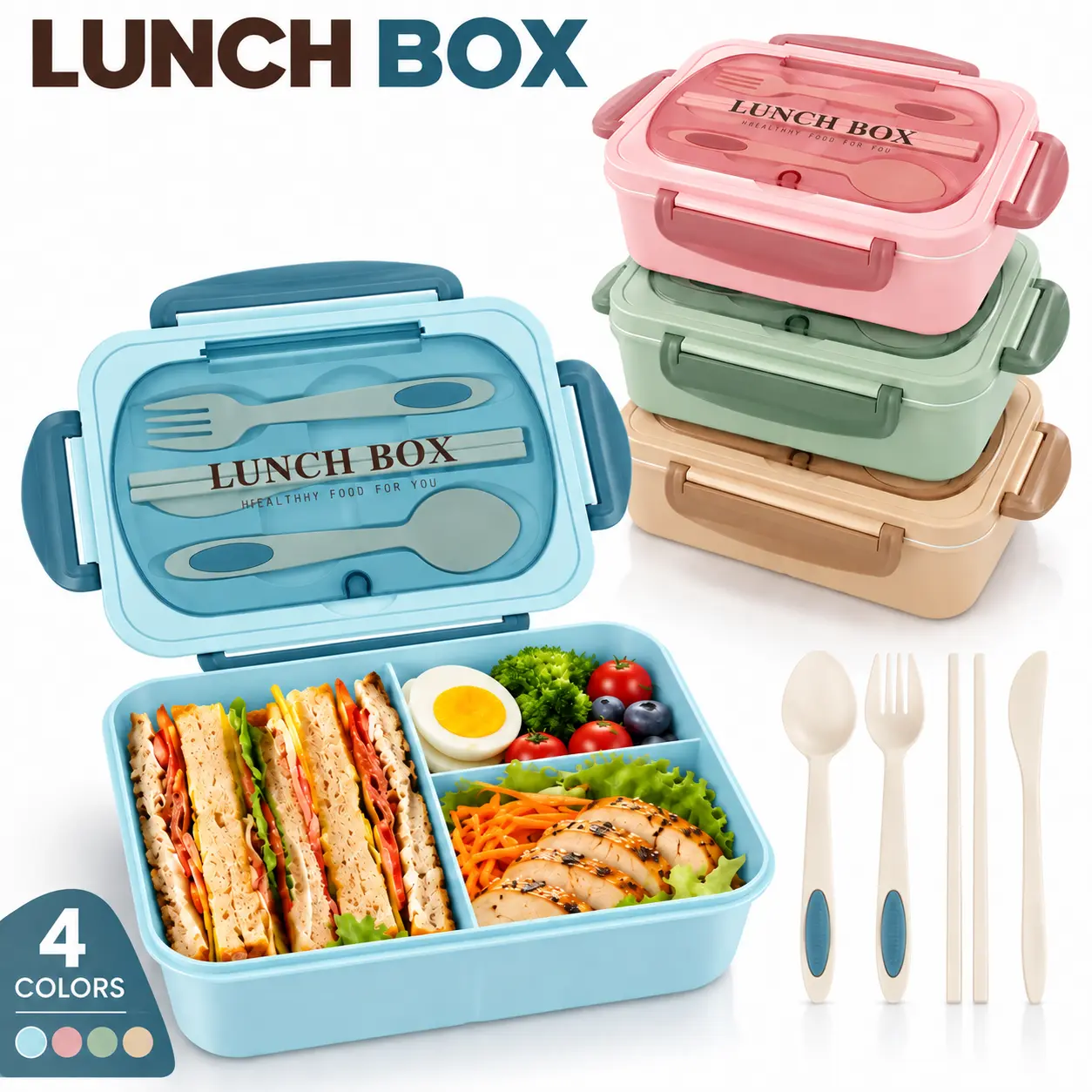ONESHOW HOME Modern Portable Bento Box - Leakproof 3-Compartment Reusable BPA-Free To Go Food Container with Fork Tableware for Work, Meal Prep, Food Storage, Storage Lunch Boxes,familyfun