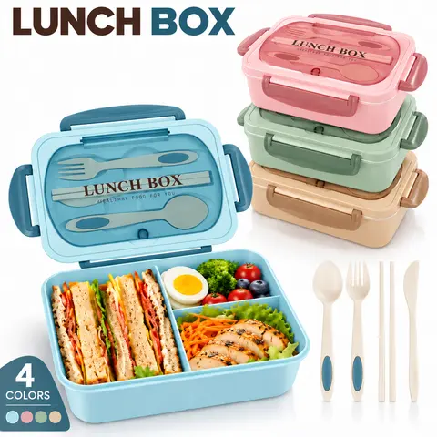 ONESHOW HOME Modern Portable Bento Box - Leakproof 3-Compartment Reusable BPA-Free To Go Food Container with Fork Tableware for Work, Meal Prep, Food Storage, Storage Lunch Boxes