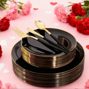 50pcs Plates with Gold Trim, Golden Handle Cutlery Set, Reusable Dining Utensils, Perfect for Birthdays & Weddings, Gold Dinnerware Set