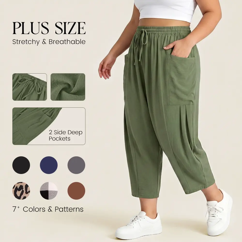 CARCOS Plus Size Pants Summer Womens Wide Leg Knit Palazzo Pants Lounge Ladies Casual Drawstring Harem Fall Pants with Pocket Solid/Leopard/Plaid (XL-5XL)