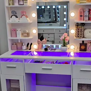Vanity Desk, Makeup Vanity Desk with Mirror and Lights 3 Colors, Transparent Top with 3 RGB Drawers, 6 Shelves, 2 Large Tempered Cabinets, Power Outlet, for Bedroom, White