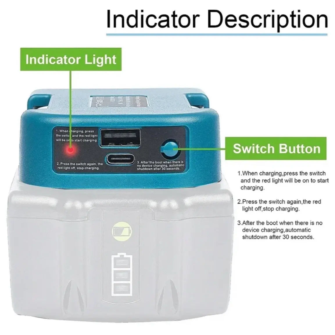 USB Charger Adapter Compatible for MAKITA 18V Battery, Dual Output Port with USB and Type-C Charging Interface.