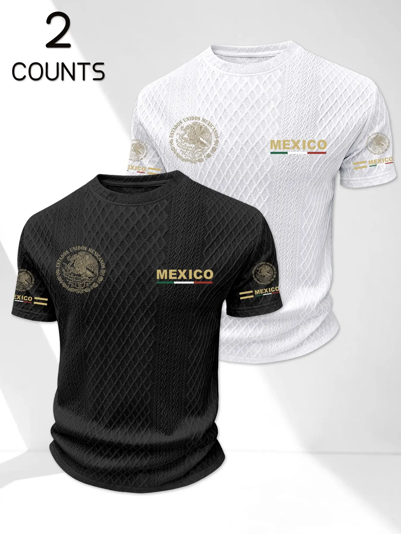 Men's Mexico Theme Round Neck Short Sleeve 2-Pack, Embossed Texture Fabric, Luxury Eagle Print Loose Fit Sport T-Shirts, Athletic Tee, Athleisure Tee, Casual Sports Tops, Casual Sportswear