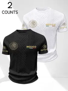 Men's Mexico Theme Round Neck Short Sleeve 2-Pack, Embossed Texture Fabric, Luxury Eagle Print Loose Fit Sport T-Shirts, Athletic Tee, Athleisure Tee, Casual Sports Tops, Casual Sportswear