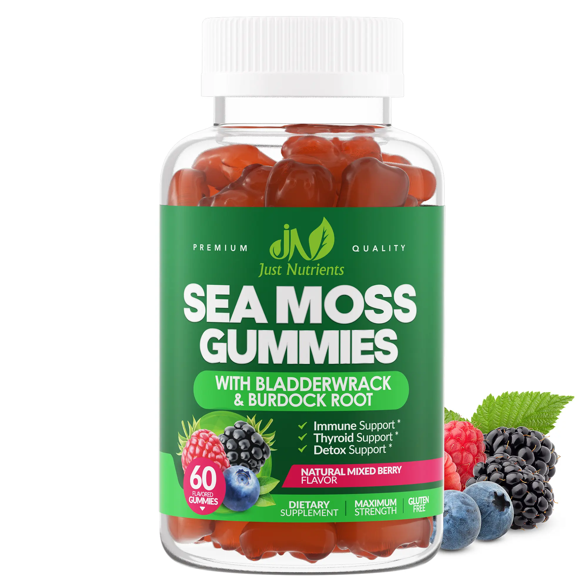 Just Nutrients Sea Moss 3000mg Gummies with Bladderwrack and Burdock Root - Natural Irish Sea Moss Superfood for Immune, Thyroid and Detox Support - Extra Strength for Men & Women - Gluten-Free, Vegan - 60 Gummies