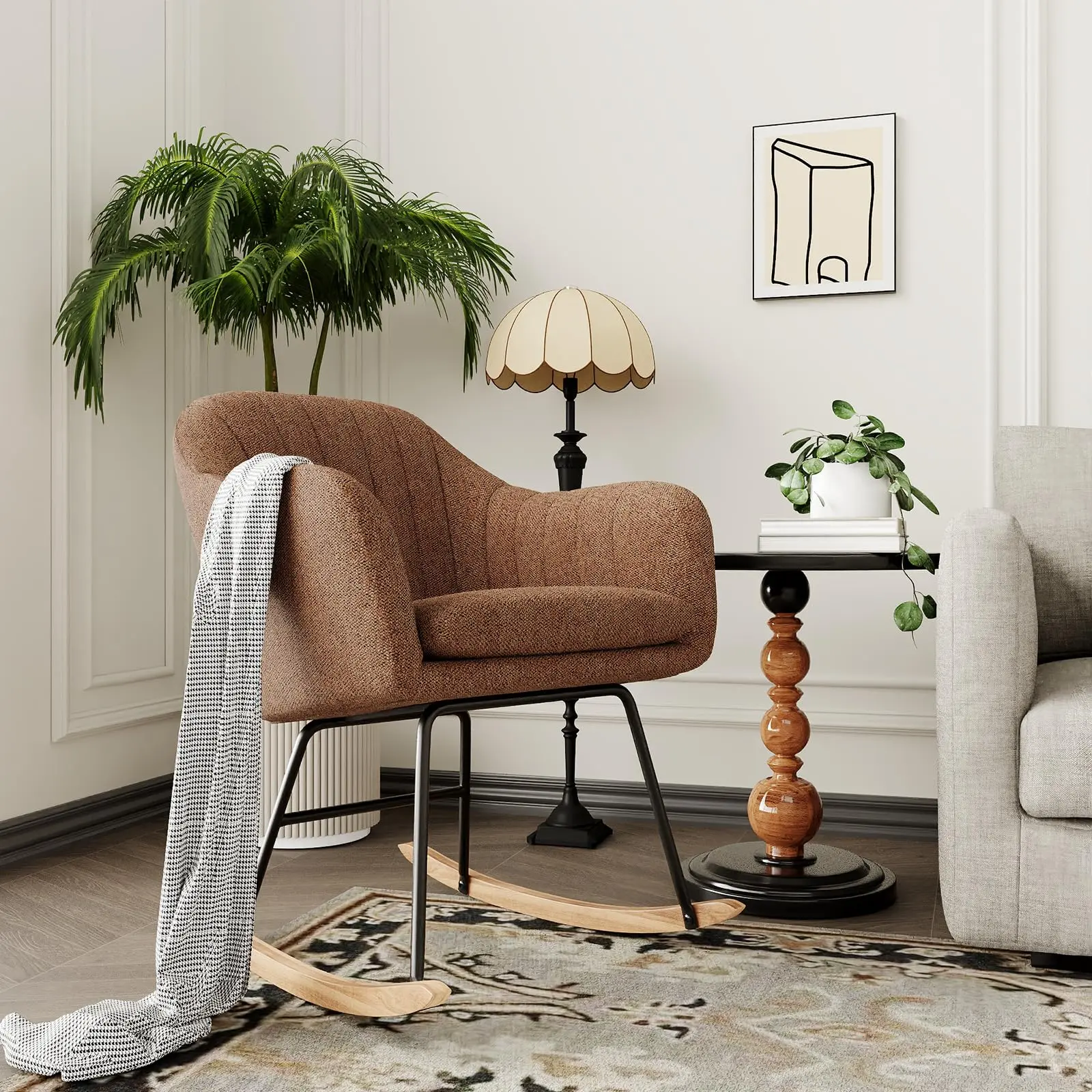 Nursery Rocking Chair, Upholstered Glider Rocker with Cozy Cushion Armchair, Modern Rocking Accent Chairs with Rubber Wood Leg Hold UP to 350LB for Nursery, Living Room, Bedroom, Offices