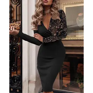 AutumnNewWomen'sDressSexyDeepVLongSleeveContrastColorsSequinsSlimFitHipWrappingKneeLengthLongDressWomen