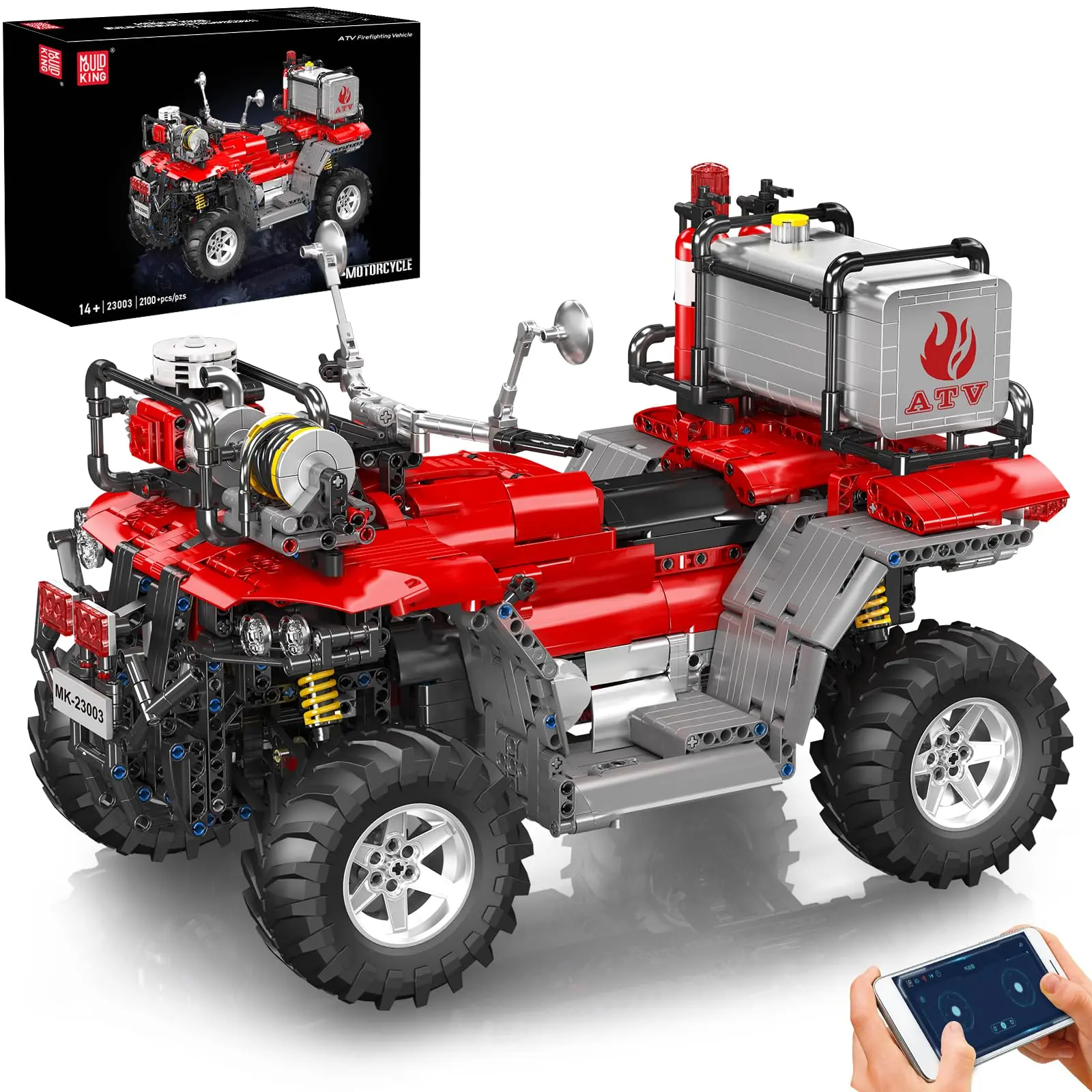 Mould King 23003 Fire Truck ATV Building Set, 2100+ Pcs RC/APP Control All-Terrain Vehicle Building Blocks Kits That Run with Equipment Model, Collectible Gift for Boys Adults Teens