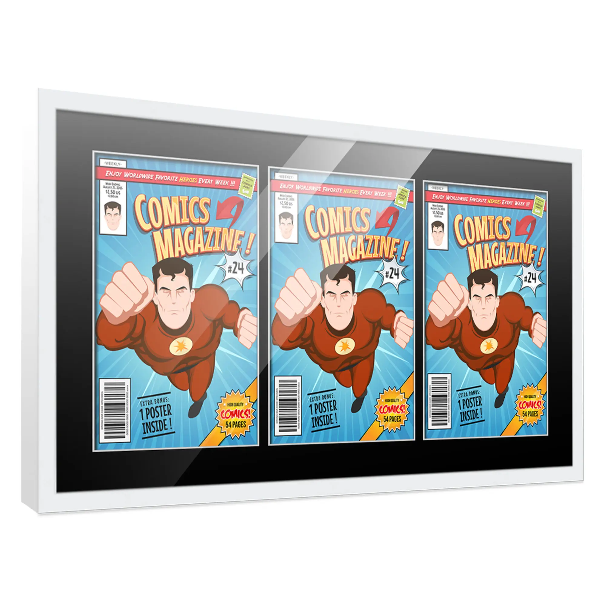 Comic Book Frame with Mat for 3 Current Era Comics Published After 1985 - White Wood Comic Frame With Black Mat for 6.875x10.5 Comics - 28.75x14 Frame Size
