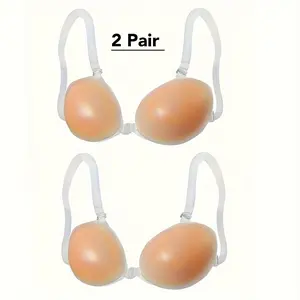 2 Pairs Sticky Silicone Bra Lightweight Seamless Bra Adhesive Invisible Push up with Transparent Straps for Women