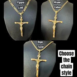 14K Gold/Silver Plated Rustic Cross 3" Necklace 20" 24" Figaro/Cuban/Rope Chain Gold Crucifix Jewelry Gifts - Choose the Chain Style