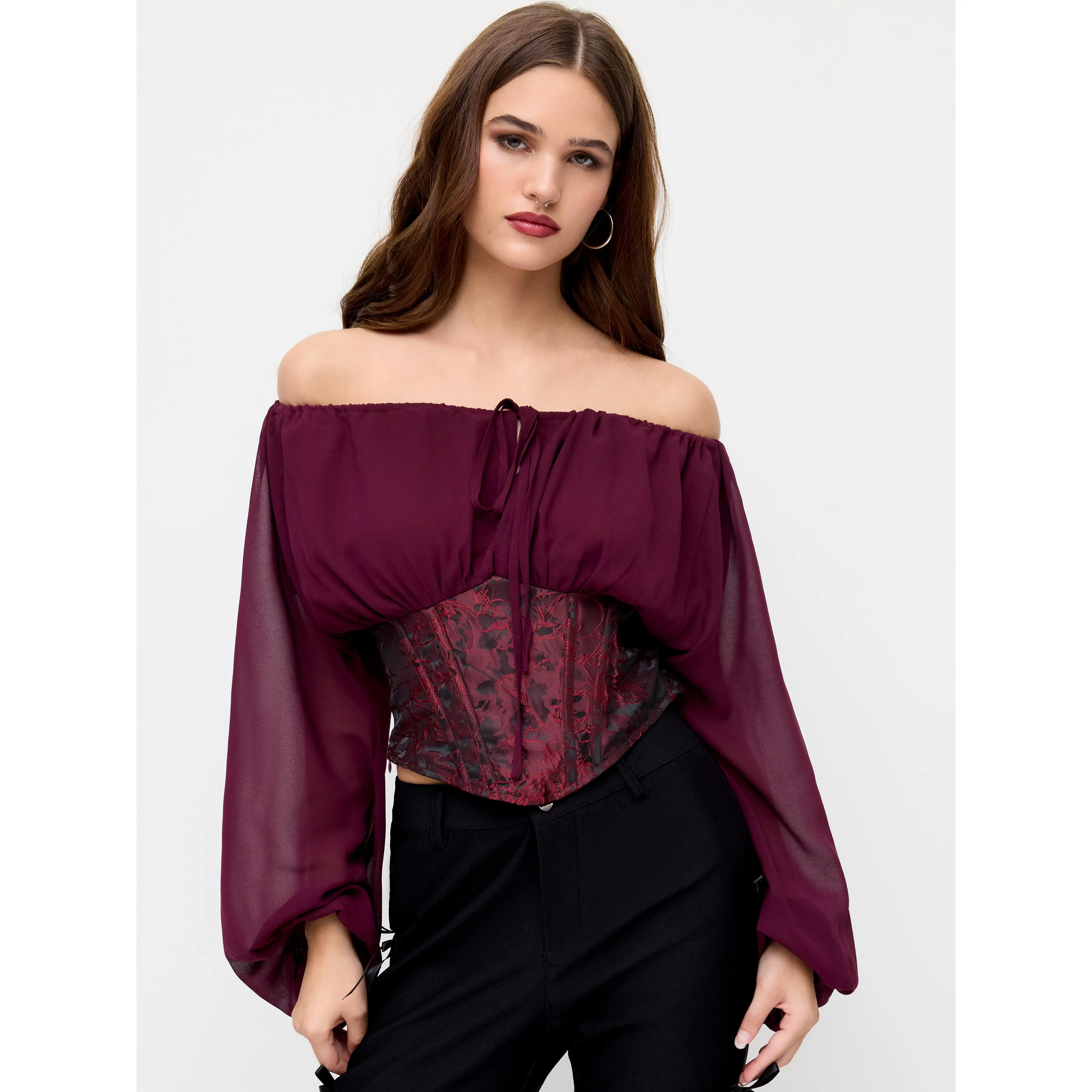 Cider Jacquard Off-shoulder Long Sleeve Knotted Lace Up Corset Blouse -  TikTok Shop