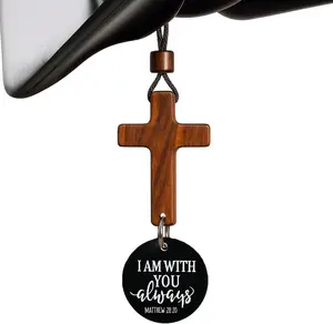 Daily Bible Verse Rearview Mirror Cross Ornament – Daily Scripture Car Charm Hanging Cross for Car with “I Am with You Always” Medallion