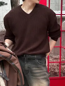 Men's New Casual Loose Fit Plain Ribbed Korean Vintage Versatile Commuter Lazy High-End Knit Long Sleeve V Neck Pullover Knitwear Sweater Top, Menswear