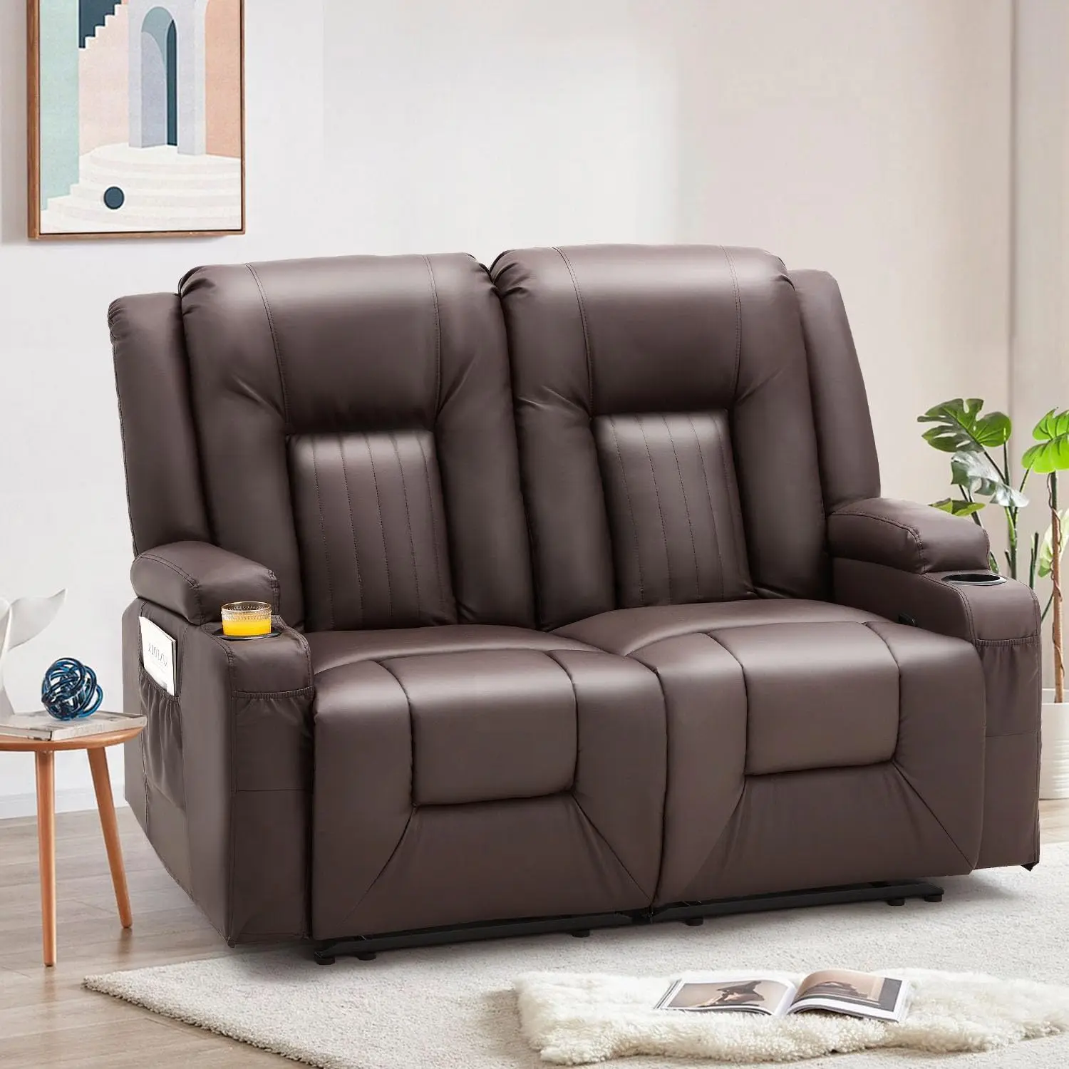 【3/4 Packages Shipping】Faux Leather Reclining Loveseat - Manual Wall-Hugger Design with Cup Holders & Side Pockets for RV & Home Theater