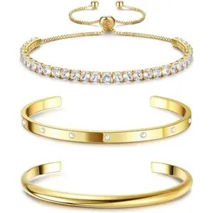 14K Gold Bracelets for Women Trendy Bangle Cuff Chain Bracelets Set Gold Plated Paperclip Bead Tennis Bracelet Chunky Gold Filled Bracelet Stack 3/4count-USA