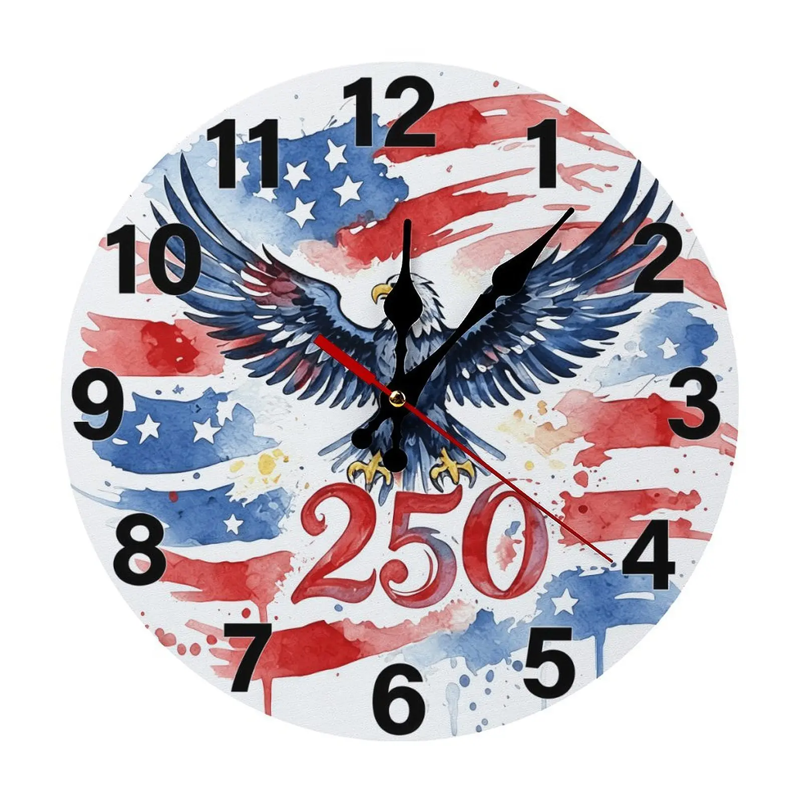 Large-Format Round Analog Wall Clock - 10/12 in, American Eagle 250th Anniversary Patriotic Watercolor Wood, DIY Assembly Required, Non-Rechargeable Battery-Operated Home Room Decor