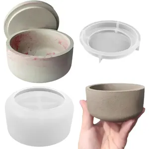 Storage Box with  Candle Jar Molds Set, Creative  Candle Vessels Pot Molds, Concrete Round Stripe with Cover Bottle Making Moulds for Storage Candle Holder (A)