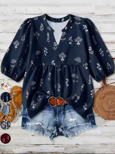 Plus Size Women's Navy Plant Print V-Neck Blouse, Bubble Sleeve Doll Shirt, Casual Chic All-Season Top, Office Wear, Daily, Date Night Style