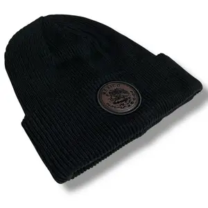 Mexico Eagle Leather Patch Winter Beanie Hat - Black Knit with Embossed Eagle Emblem