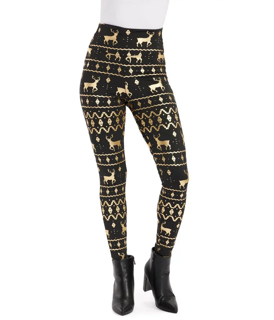 Black and Gold Fair Isle Leggings, Women's High Waisted Bottoms for Festive Christmas Party Outfits, Bottom, Elegant, Watch Party, Christmas Time, Fair Isle Print, Pull On